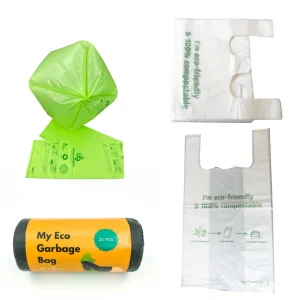 Compostable Bags including compostable trash bags, garbage bags and T shirt bags