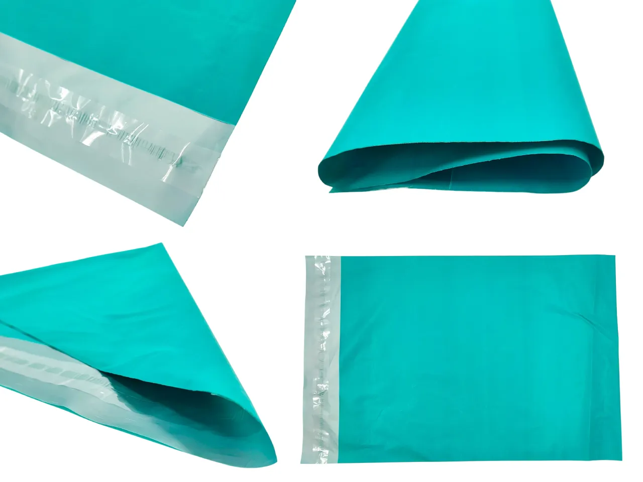 Poly Mailing Bags with self sealing adhesive closure shown from multiple angles